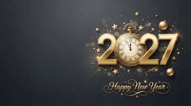 Happy New Year 2027 Vintage Chalkboard Clock and Christmas Celebration Design with Gold Decorations, Coffee Menu, Happy New Year Text, Decorative Frame and Retro Vector Illustration