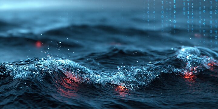 Abstract Digital Ocean Waves with Binary Code Overlay and Red Glow Beneath the Surface