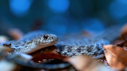 Obraz premium Close-up of a Garter Snake coiled among dry autumn leaves with a blurred blue background