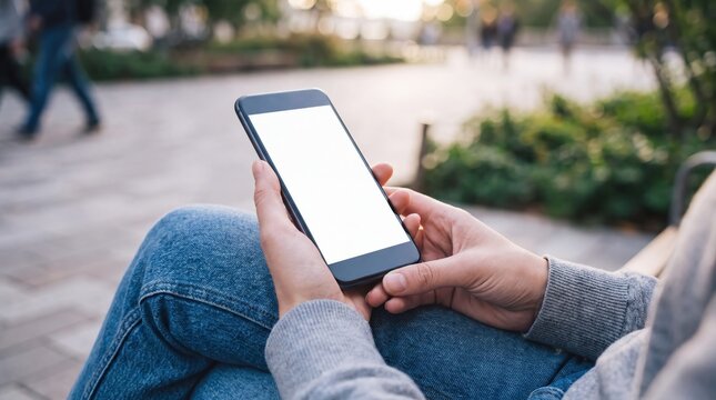 Smartphone mockup in hands. Person holding mobile phone outdoors. Photo.