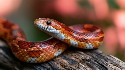 Obraz premium Close up of a vibrant orange corn snake coiled on a textured wooden branch with a blurred natural background