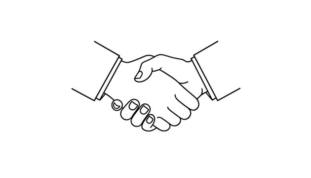 Minimalist black and white line art illustration of a business handshake symbolizing agreement collaboration and trust between partners.
