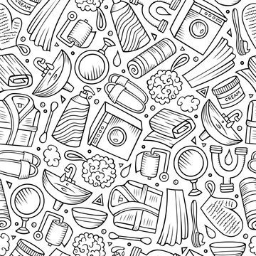 Black and white seamless bathroom pattern with soap, toothbrush, toothpaste, shampoo, mirror, comb, towel and cosmetics in outline doodle style.