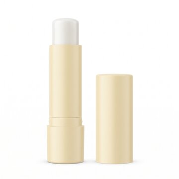 Lip balm stick mockup in beige plastic tube, blank cosmetic container for branding, moisturizing chapstick product on white background