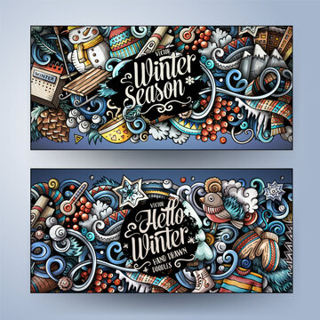 Collection of winter horizontal banners with snowman, bird, ice skates, scarf, pine cone and snowflakes in colorful doodle style.