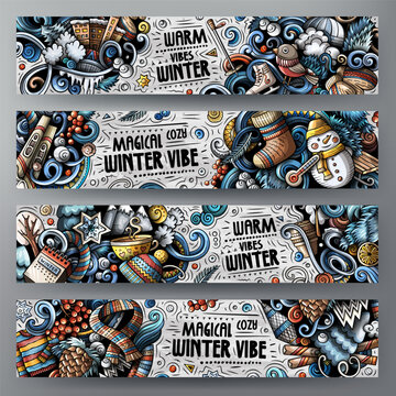 Collection of winter banners with snowman, bird, ice skates, scarf, pine cone and snowflakes in colorful hand drawn doodle style.