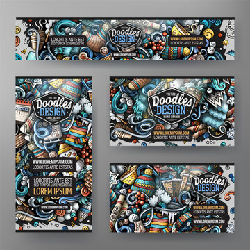 Collection of winter identity layouts with snowman, bird, ice skates, scarf, pine cone and snowflakes in colorful doodle style.