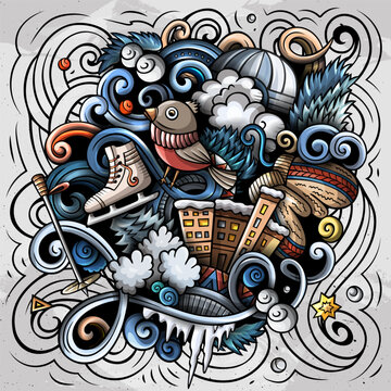 Colorful winter doodle illustration with bird and ice skates, snowflakes, winter accessories and decorative swirls in a detailed hand drawn style.