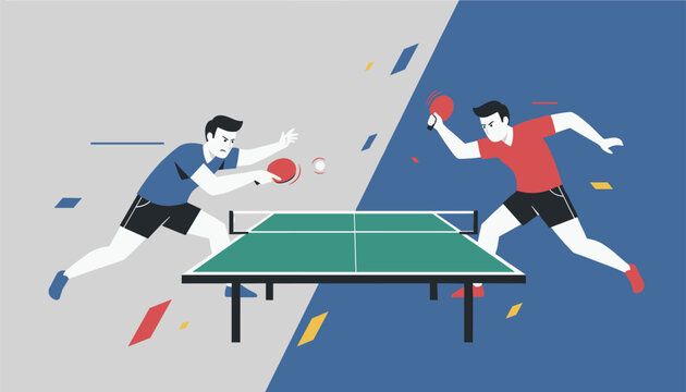 Two athletic men playing an intense match of table tennis or ping pong on a split blue and grey geometric background.