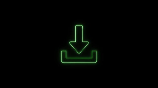 Glowing Neon Green Download Arrow Box Icon Animation on Black Background Loop
