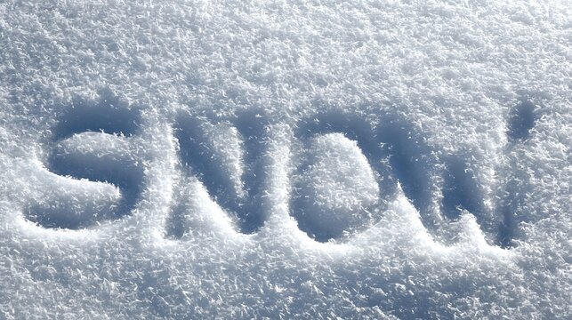 Close-up of the word SNOW written in freshly fallen white snow during winter season