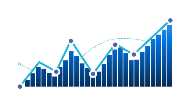 Financial business growth bar chart with upward trend line for stock market investment analysis. clean design in blue tones color