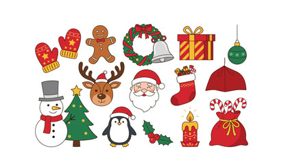 Fototapeta premium Christmas vector icon element collection set with cute cartoon Santa Claus snowman reindeer penguin tree and festive holiday decorations