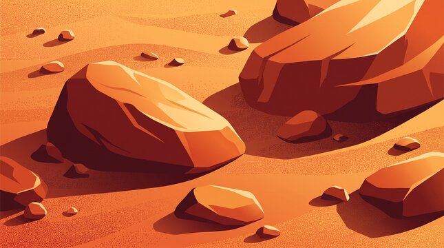 Vector illustration of red rocks and stones scattered on desert sand surface