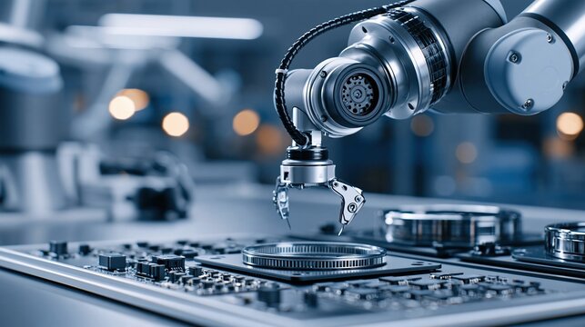 Advanced robotic arm precisely assembling electronic components on a futuristic manufacturing assembly line