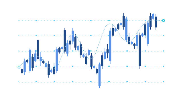 Graph stock market candlestick chart with average line financial investment analysis. in blue tones color and clean design.