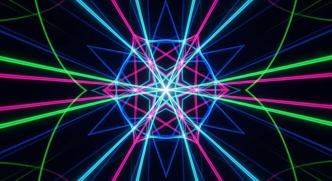 Vibrant neon lights form a mesmerizing geometric tunnel of colorful beams radiating outward in a hypnotic digital projection pattern that creates deep spatial perspective and futuristic