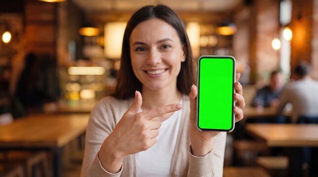 Woman showing green screen smartphone in cafe. Happy female holding mobile phone with chroma key display. Indoor restaurant photography for tech app.