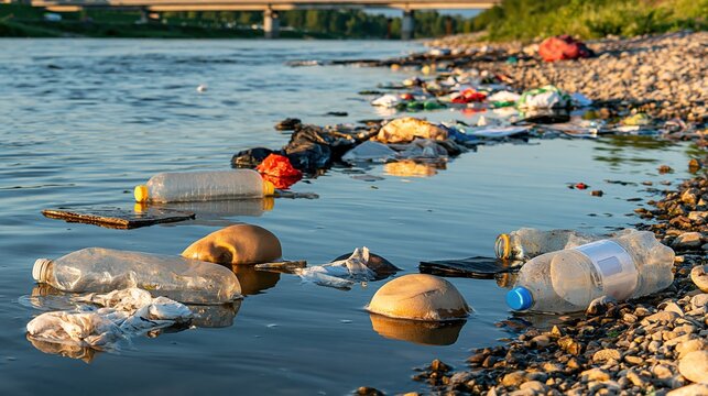 Polluted riverbank with plastic bottles and trash floating in the water, environmental pollution