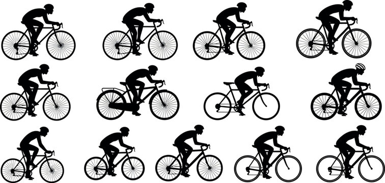 Cyclist silhouette collection, set of 13 professional bicycle rider icons, road cycling and mountain bike racing vector elements for sports design