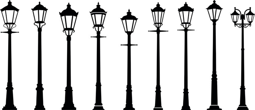 Vintage street lamp silhouettes set, antique gas light poles vector collection, 9 black lantern icons for urban landscape design