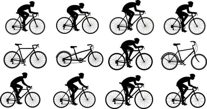 Cyclist silhouette set with 12 bicycle vector icons, professional road bike riders in motion, athletic cycling competition and transport graphics