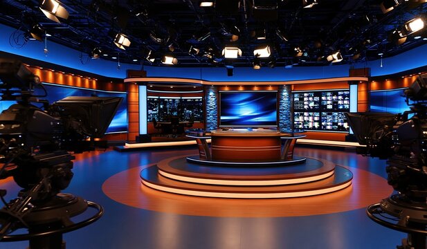 Modern television studio news broadcast set with cameras and lighting
