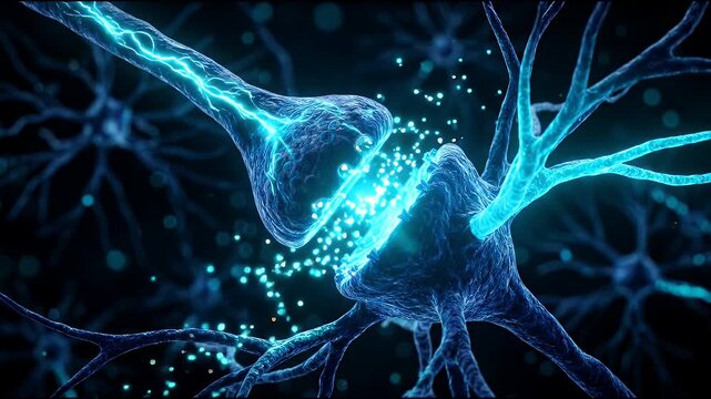 Neural Synapse Neuron Electric Signal Neurotransmitter Particle Luminous Connection Microscopic Brain Network, Glowing Blue Activity Illustrating Memory, Communication, Neuroscience, and Medical
