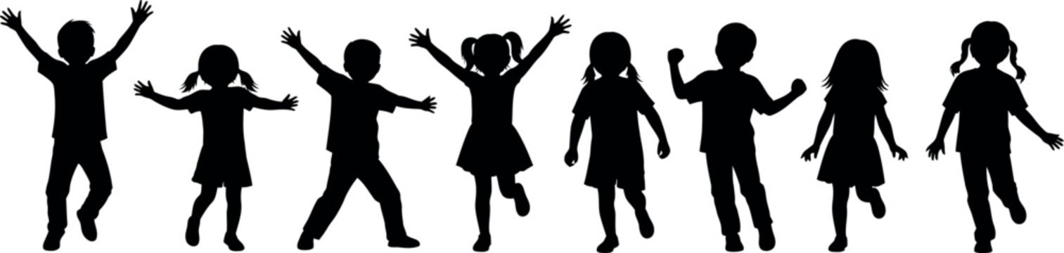 Happy children silhouettes jumping and playing, group of active kids in black vector shapes, diverse childhood friendship and joy