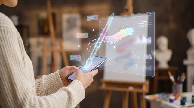 Person interacting with holographic paintbrush and color metric display