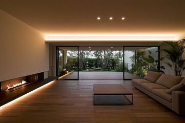 Obraz premium Modern Living Room With Fireplace and Sliding Doors Opening To Lush Garden