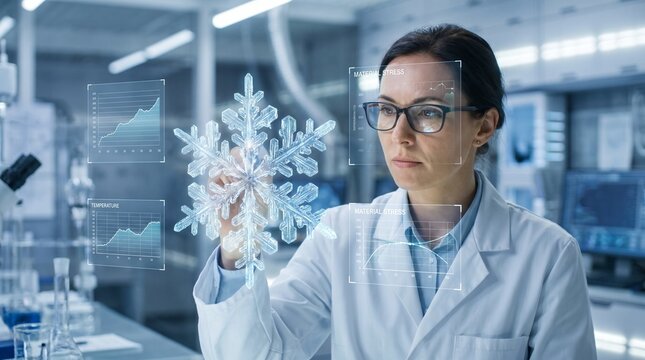 Scientist interacts with holographic snowflake and data visualizations in a laboratory