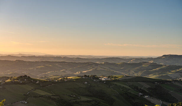 Marche, spectacular view and sunset on the Marche hills from the Ripatransone viewpoint. 2026