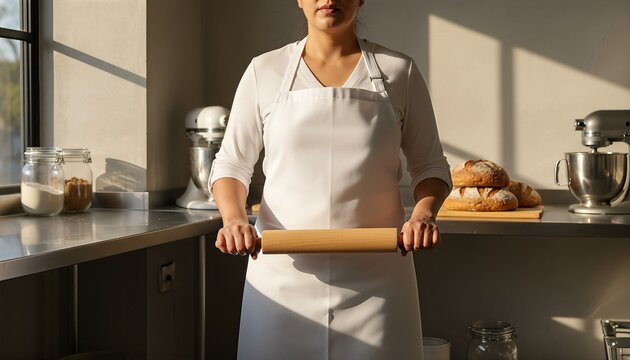 Hispanic woman wearing a blank white chef apron in a sunlit bakery kitchen