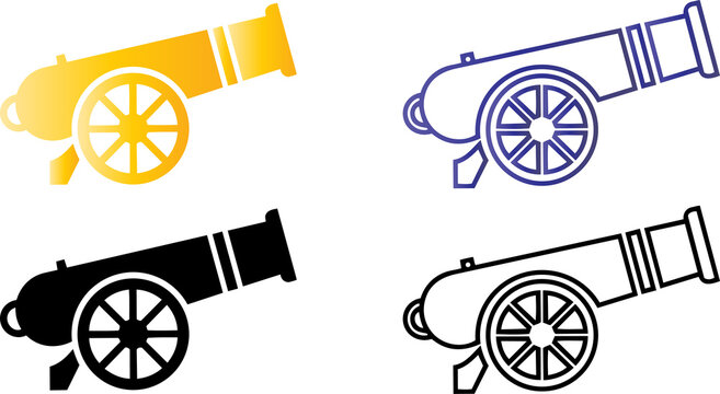 Set of four cannon icons in various outline and solid styles with cannon icon
