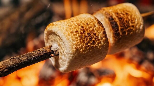Toasted marshmallow on wooden stick over campfire, golden browning surface and soft center glowing beside cozy flames, creating warm outdoor dessert moment with appetizing roasted texture
