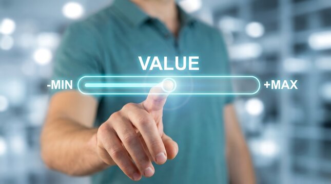 Businessman interacting with holographic slider interface to adjust value between min and max