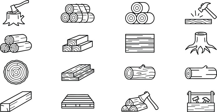 Timber lumber industry wood material line icon set showing logs tree stump axe planks pallet carpentry tools and firewood