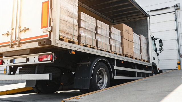 Delivery truck backed into a warehouse loading dock, open trailer showing palletized boxes and cartons ready for unloading under daylight