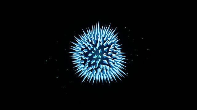 Abstract 3d render of a blue spiky orb floating in a dark minimalist space with subtle particles