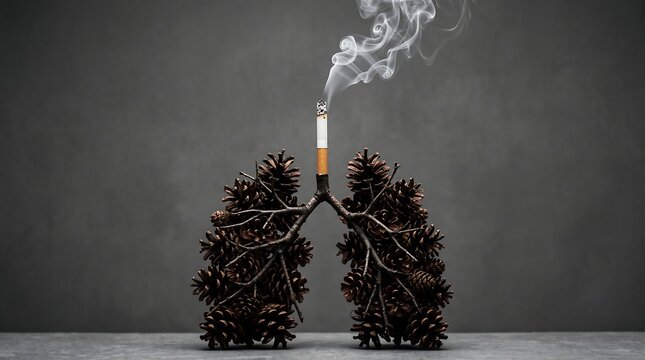 Human lungs formed from tree branches and pine cones with a lit cigarette inserted at the top emitting smoke, set against a dark gray neutral background symbolizing smoking damage and health metaphor.