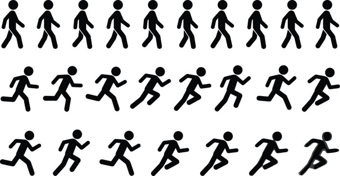 Walking and running stick figure sprite sheet vector icon set showing steps cycle sequence for human locomotion animation