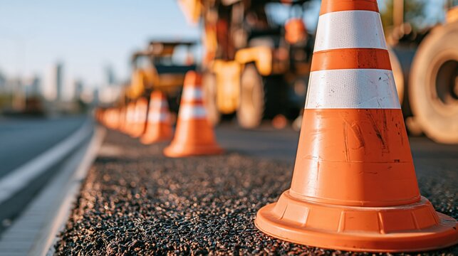 Orange traffic cones line a road construction site with heavy machinery in the background