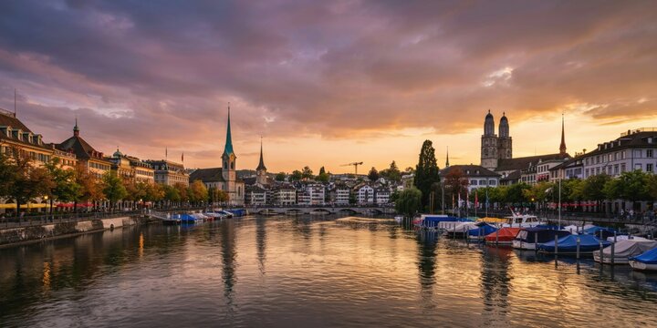 Scenic view of zurich city skyline at sunset
