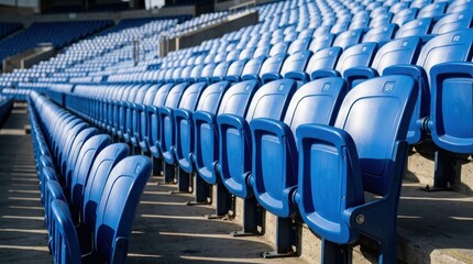 Fototapeta premium Rows of Empty Blue Plastic Seats in a Large Outdoor Sports Stadium Arena Under Bright Sunlight