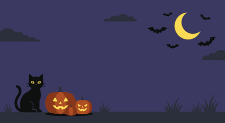 Fototapeta premium Halloween Night Background with Pumpkins, Bats, Full Moon and Dark Trees, Spooky Autumn Holiday Cartoon Vector Illustration for October Celebration and Horror Design
