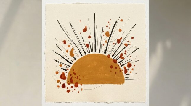Minimalist boho sunburst painting with ink line art and ochre half sun on textured paper background