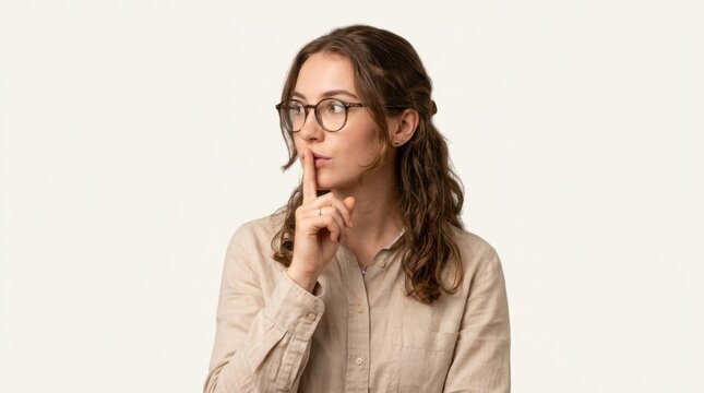 Young woman with glasses holding her finger to her lips asking for silence and keeping a secret on white background