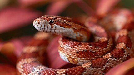 Obraz premium Close-up of a Corn Snake coiled amongst red foliage, showcasing intricate scales and alert eyes