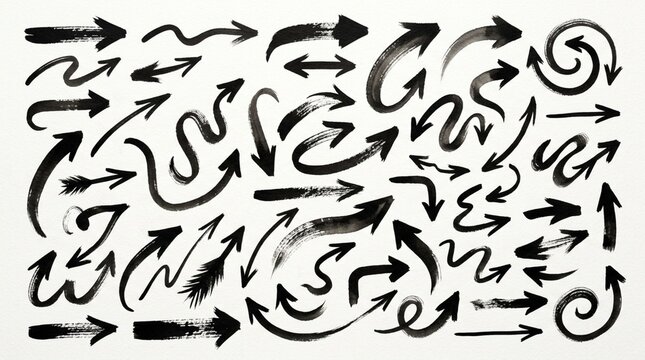 Black Hand-Painted Brush Stroke Arrows Collection on White Background